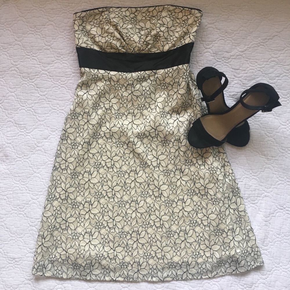 Strapless black and ivory lace dress
